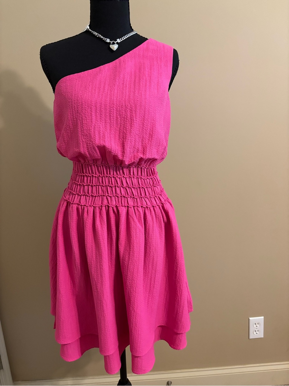 One-Shoulder Hot Pink Smocked-Waist Mini Dress